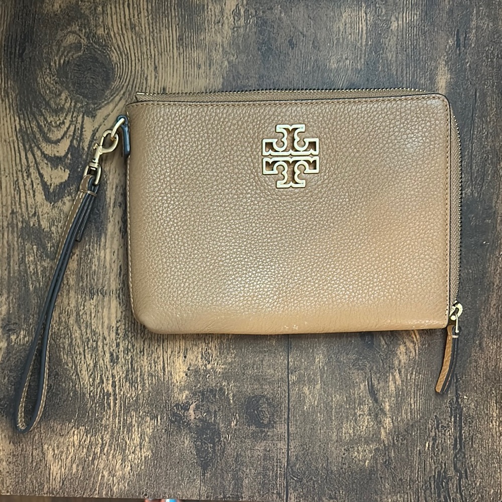 Tory Burch Camel Wristlet with Gold Accents